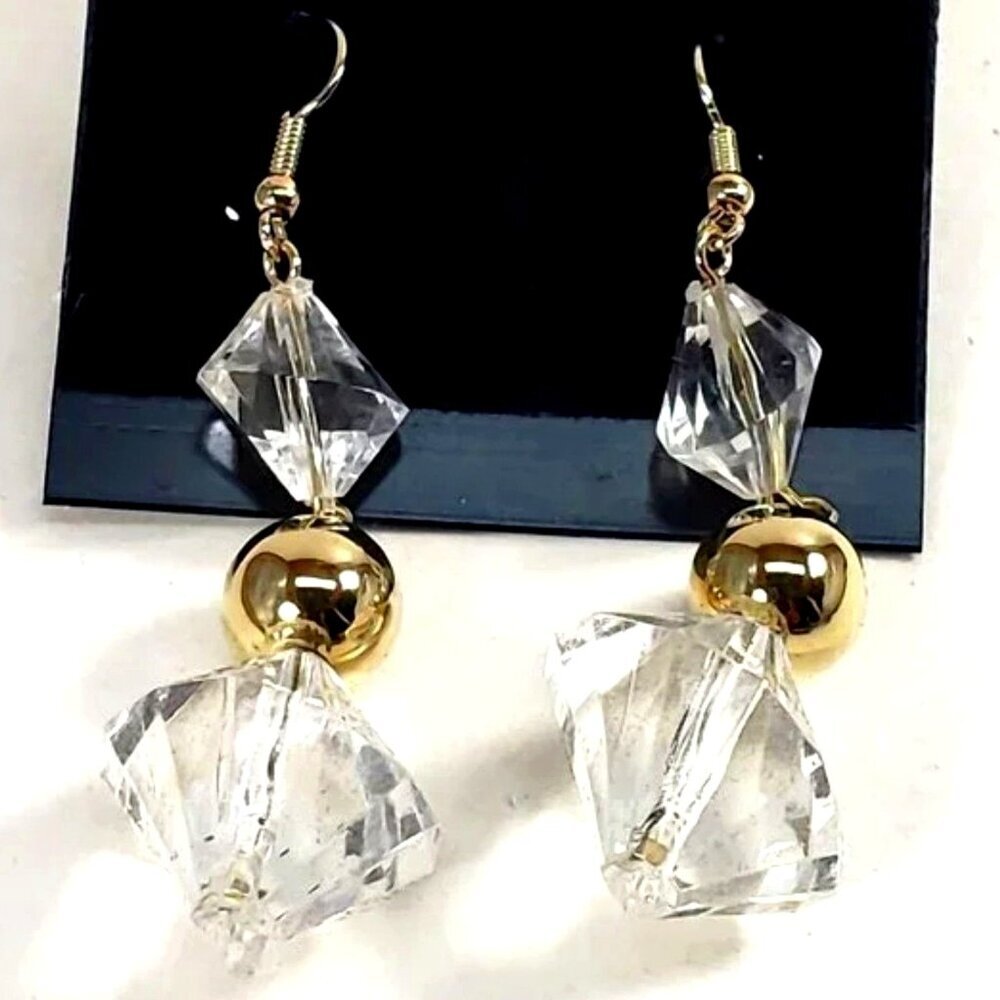 Clear Bead Drop Earrings w/ Gold tone Accent Modern Statement Dangle - Jewelry